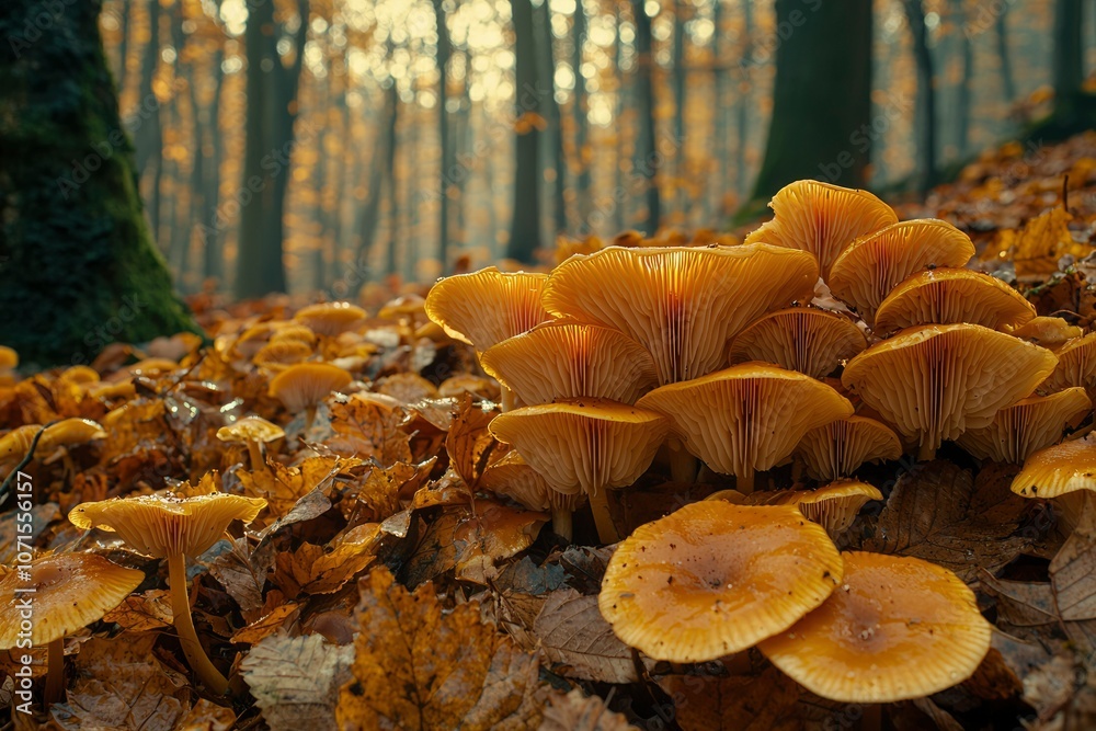 Cluster of Golden Mushrooms on Forest Floor with Autumn Leaves Cluster of Golden Mushrooms on Forest Floor with Autumn Leaves