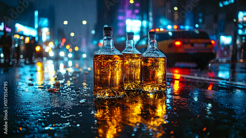 Three Bottles on a Wet City...