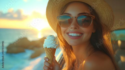 Happy Woman Eating Ice Crea...