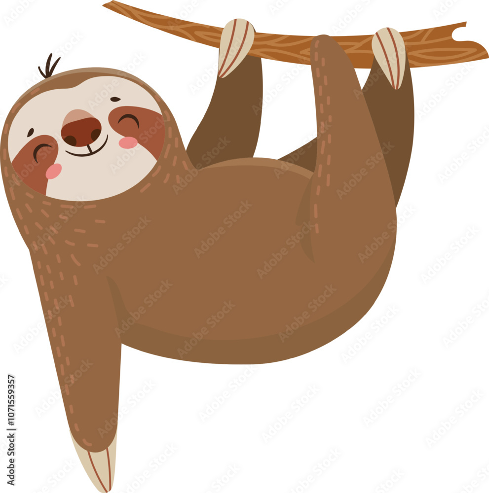 Fototapeta premium Cartoon illustration of a happy sloth hanging upside down from a tree branch, smiling and enjoying the tranquility of its natural habitat