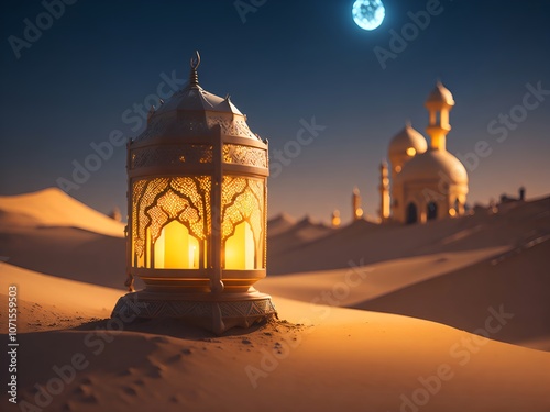 Ornamental arabic lantern mosque in the desert mulim holy ramadhan Eid alAdha Eid alFitr photo