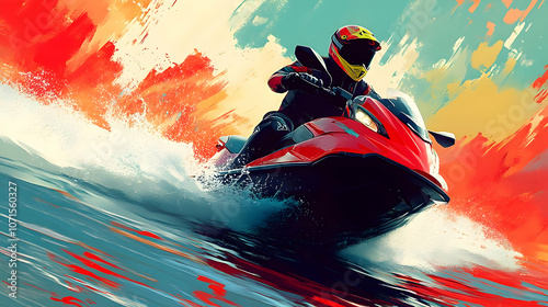 Red Jet Ski on Water Illust...