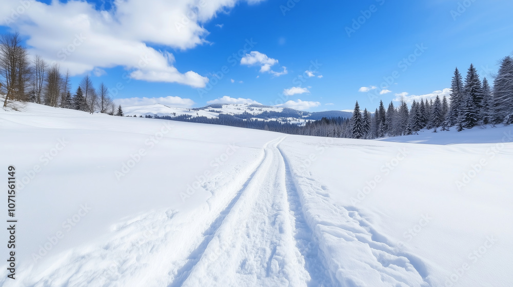 Obraz premium Fresh tire tracks in a snowy field leading towards a forested mountain under a bright blue sky