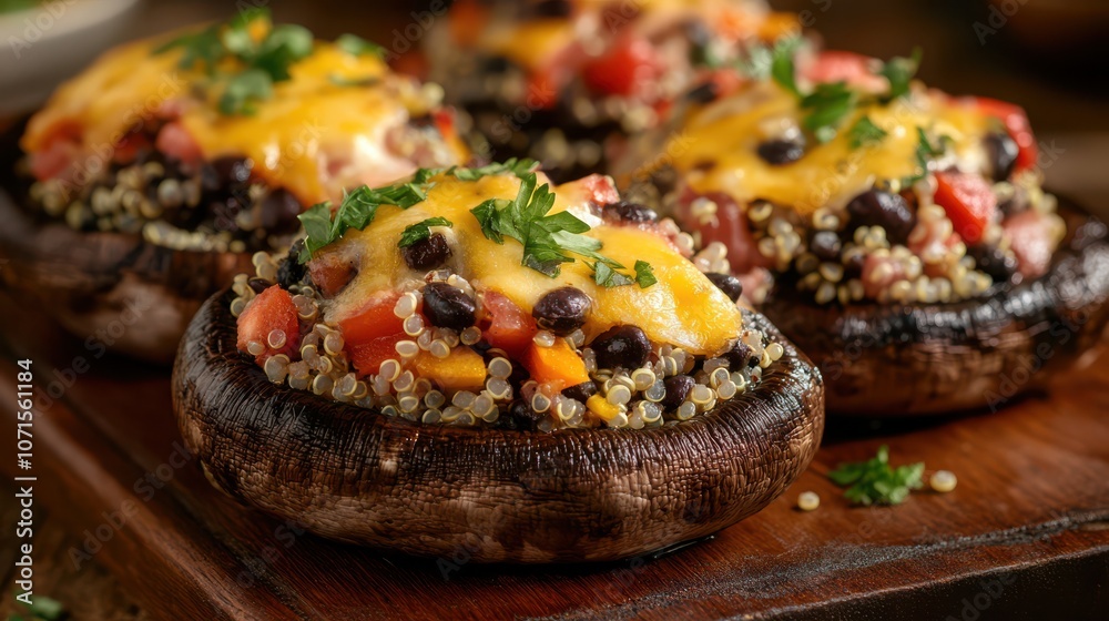 Stuffed mushrooms with quinoa, black beans, and cheese on wooden board, healthy meal close-up Stuffed mushrooms with quinoa, black beans, and cheese on wooden board, healthy meal close-up