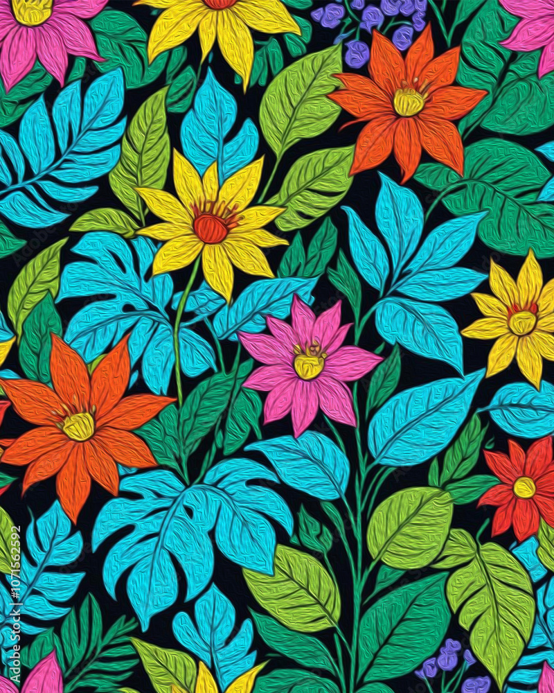 Botanical pattern for printing on wall decorations, covers. Artistic brush strokes. Oil painting