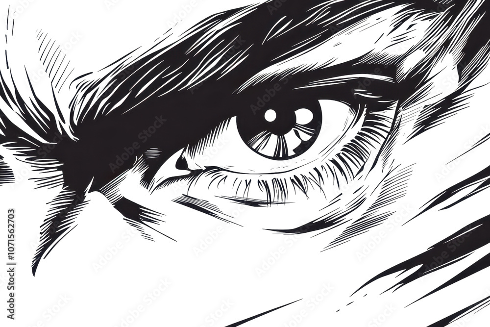 Fototapeta premium Intricate hand-drawn sketch of a human eye, capturing intense detail and emotion with bold lines and delicate shading.