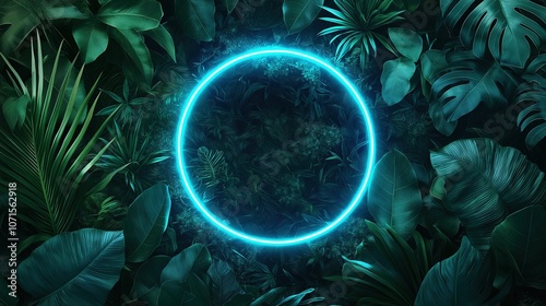 Blue Neon Circle Surrounded by Dense Green Jungle Leaves in Abstract Scene