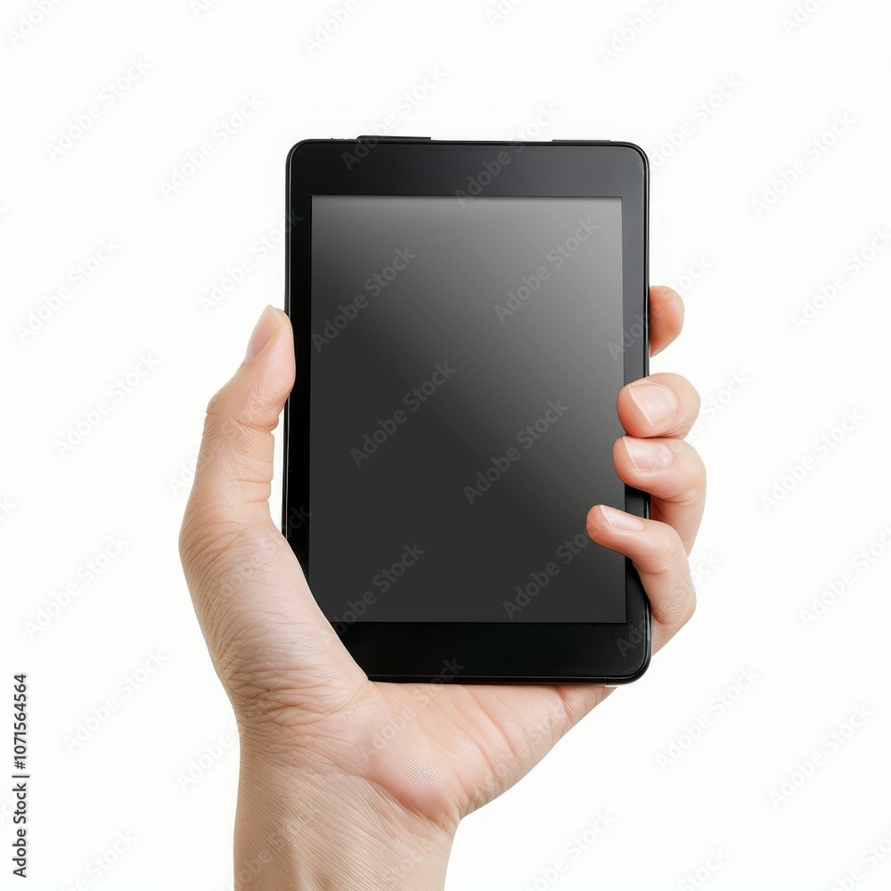 Woman's hand is holding a black tablet computer with a blank screen, isolated on a white background Woman's hand is holding a black tablet computer with a blank screen, isolated on a white background