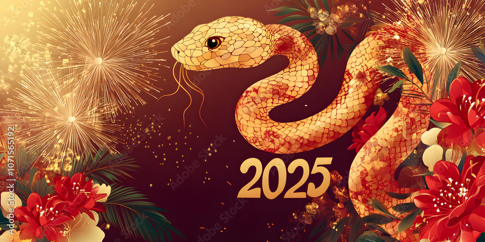 Fototapeta premium Gorgeous and luxurious Chinese Year of the Snake hand-painted artwork, illustration, wallpaper, commercial poster, poster, background, Chinese New Year, snake, year of the snake, 2025, zodiac，gold