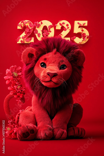 New Year Cards: 2025-themed Cute Neon Background Baby Lion Illustrations photo