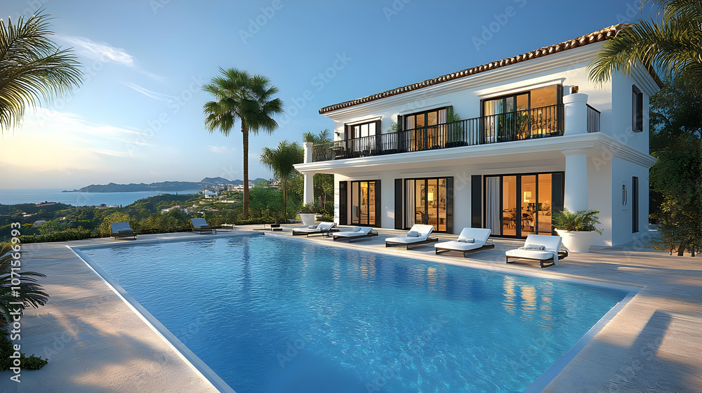 Fototapeta premium Luxury Villa with Swimming Pool and Ocean View 3D Illustration
