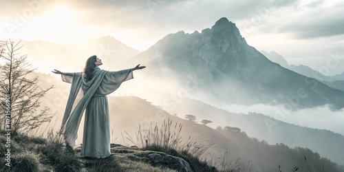 chaman en profonde communion avec les esprits sur une montagne brumeuse et mystique