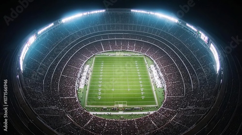 Bird seye view of crowded stadium, intense sports atmosphere, sweeping panorama, bright lights, thrilling game energy photo