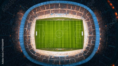 Bird seye view of crowded stadium, intense sports atmosphere, sweeping panorama, bright lights, thrilling game energy photo