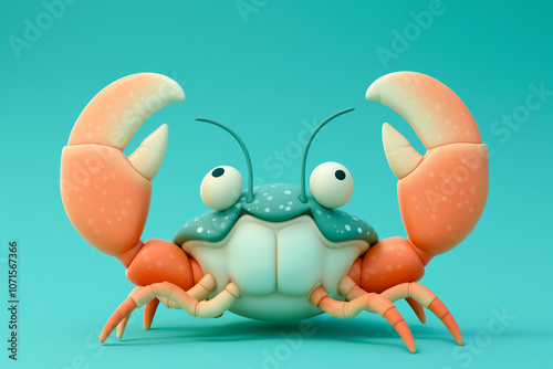 Playful cartoon crab with bright orange claws blue background