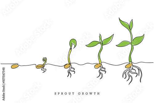 Hand drawn line art vector of a seed sprouting to a plant. A seeds life cycle.