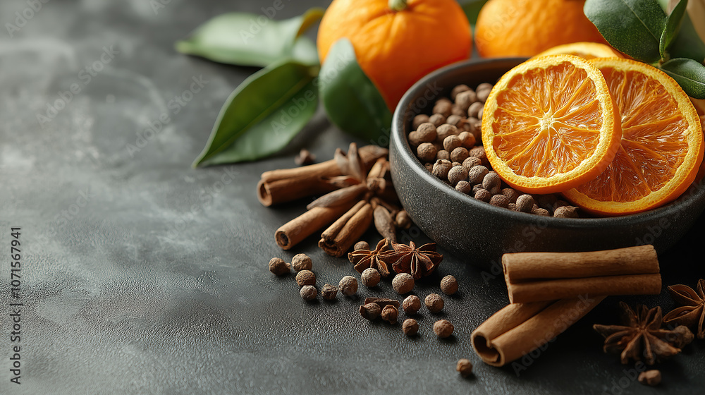 Black bowl with oranges, cinnamon, and anise on a dark background. Exotic spices for a winter hot drink. Christmas concept Black bowl with oranges, cinnamon, and anise on a dark background. Exotic spices for a winter hot drink. Christmas concept