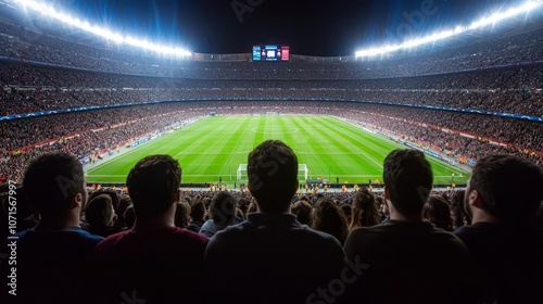 Bird seye view of crowded stadium, intense sports atmosphere, sweeping panorama, bright lights, thrilling game energy photo