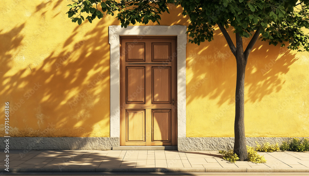 Fototapeta premium The front door of a European house on the street, on a sunny day, with a tree on the side and a yellow wall.