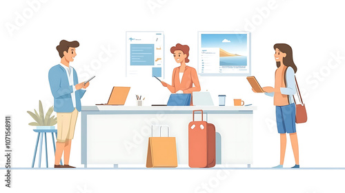 Three people are standing around a desk with a laptop and a suitcase