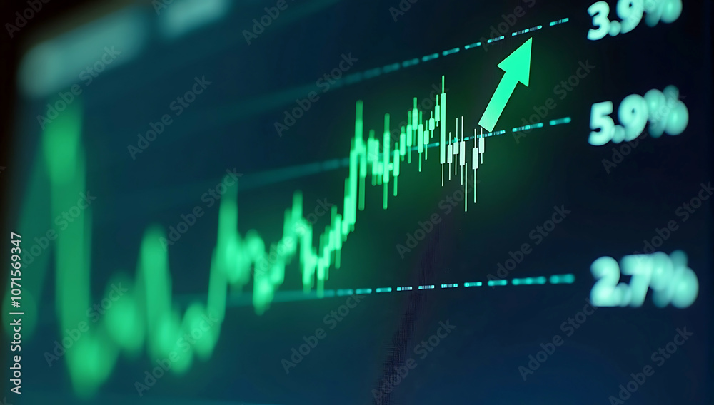 A cryptocurrency price chart on a digital screen showing a bullish uptrend with green arrows and positive percentages, symbolizing crypto market growth.