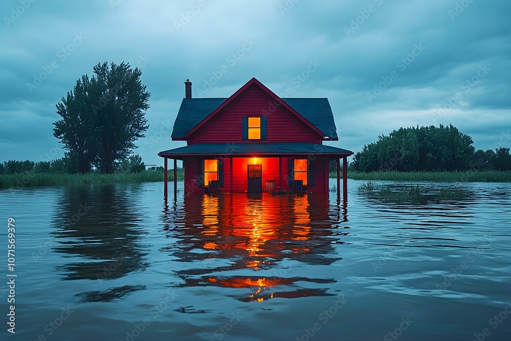 Obraz premium A flooded house stands eerily in rising waters under a cloudy sky, illuminated from within, conveying a sense of isolation and environmental change.