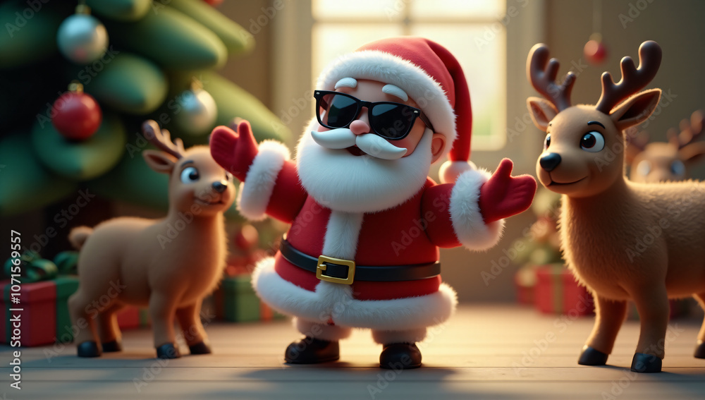 Fototapeta premium Santa, surrounded by two cheerful reindeer, stands indoors with open arms in front of a decorated Christmas tree. A warm and festive moment with his holiday companions.