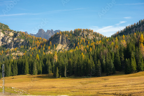 Stunning landscape of way from Misurina to Landro lake in autumn, Dolomite Italy. photo