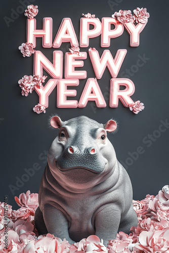 Happy New year Cards: Cute Neon Background Baby Hippo Illustrations photo