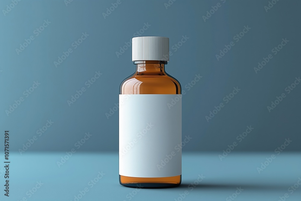 Obraz premium Clear glass bottle with blank label on a blue backdrop for product design or branding purposes