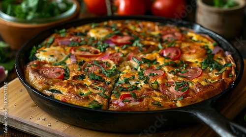 Italian frittata eggbased dish similar to an omelette loaded with meats cheeses and vegetables for a hearty meal photo