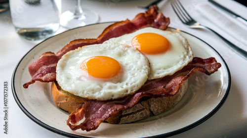 A classic breakfast with crispy bacon and sunny-side-up eggs on a white plate, set against a warm restaurant background, ideal for food photography and breakfast-themed visuals. 