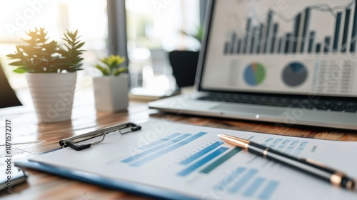 Laptop displaying financial charts and a clipboard with documents on a wooden desk symbolizing business analysis and planning.