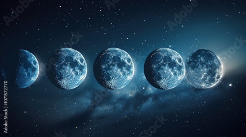 A series of five moon phases, including the new moon, crescent moon, first quarter, gibbous moon, and full moon, against a background of stars and clouds. photo