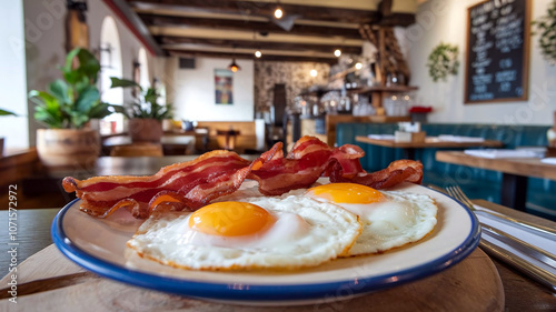 A classic breakfast with crispy bacon and sunny-side-up eggs on a white plate, set against a warm restaurant background, ideal for food photography and breakfast-themed visuals. 