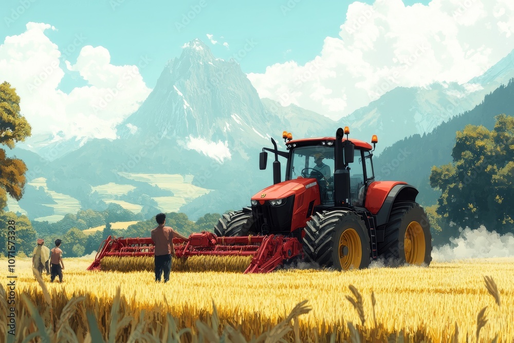 Naklejka premium Harvesting in a Picturesque Mountain Landscape