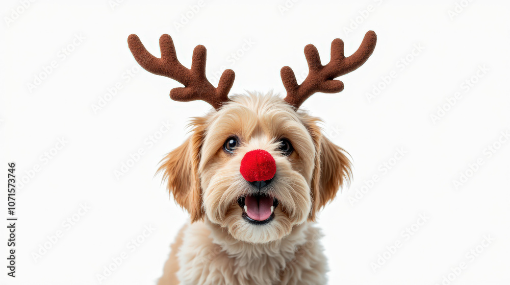 Obraz premium Adorable Dog Wearing Reindeer Antlers for Christmas - Festive Holiday Pet Portrait on White Background