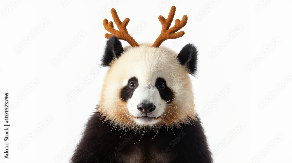 Obraz premium Cute Panda Wearing Reindeer Antlers - Adorable Holiday Stock Image for Festive Projects