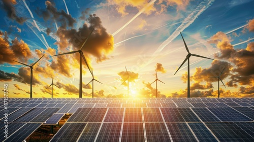 Wind turbines and solar panels at sunset symbolizing renewable energy and sustainability for a greener future.