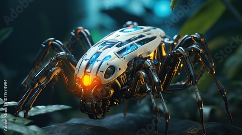 A futuristic, robotic spider with glowing blue lights on its back and an orange light on its front. photo