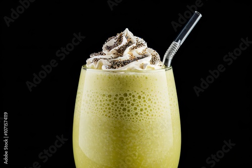 a lime green smoothie in a glass, isolated on a black background photo