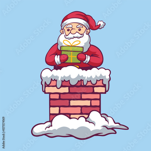 Christmas Santa Claus Stuck In The Chimney bring gift box hand drawn illustration