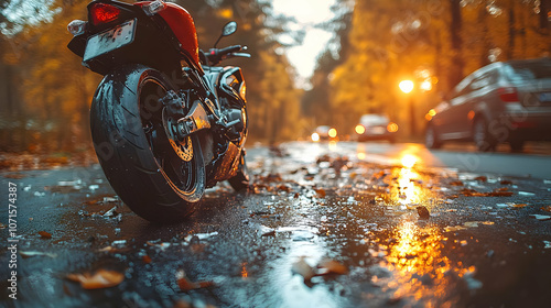 Motorcycle on Wet Road with...