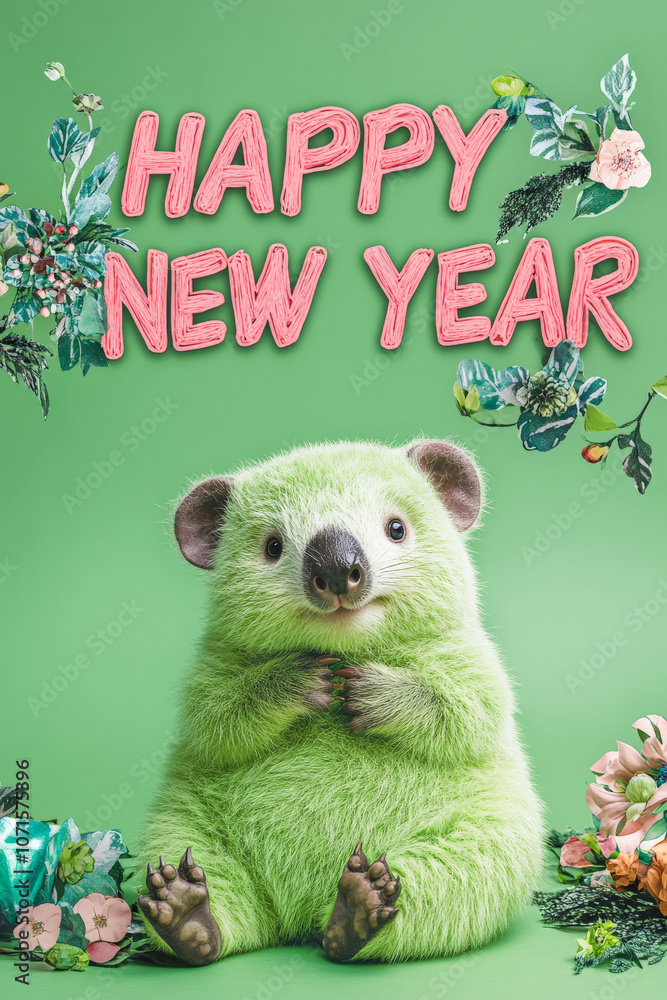 Fototapeta premium Happy New year Cards: Cute Neon Background Baby Wombat Illustrations