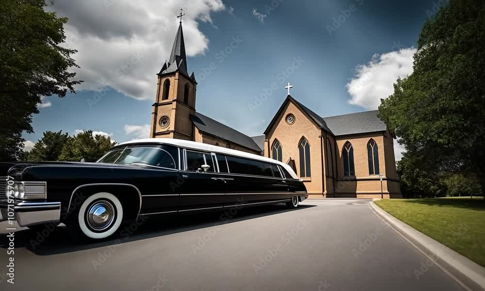 Hearse next to a church.