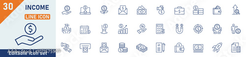Income line icon set. Set of 30 outline icons related to passive income, paycheck, accounting, payment, pension, tax, bonus and others. Editable stroke. Vector illustration.