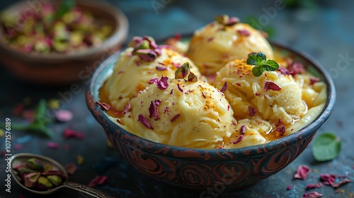 Traditional Indian kulfi dense creamy ice cream made with condensed milk pistachios and saffron photo