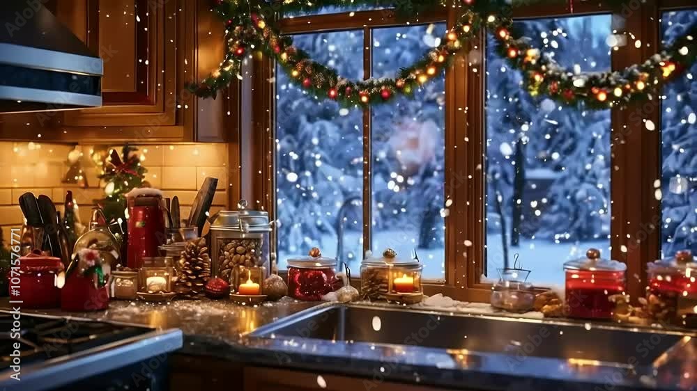 Cozy Kitchen Window with Christmas Decor and Snowfall Cozy Kitchen Window with Christmas Decor and Snowfall