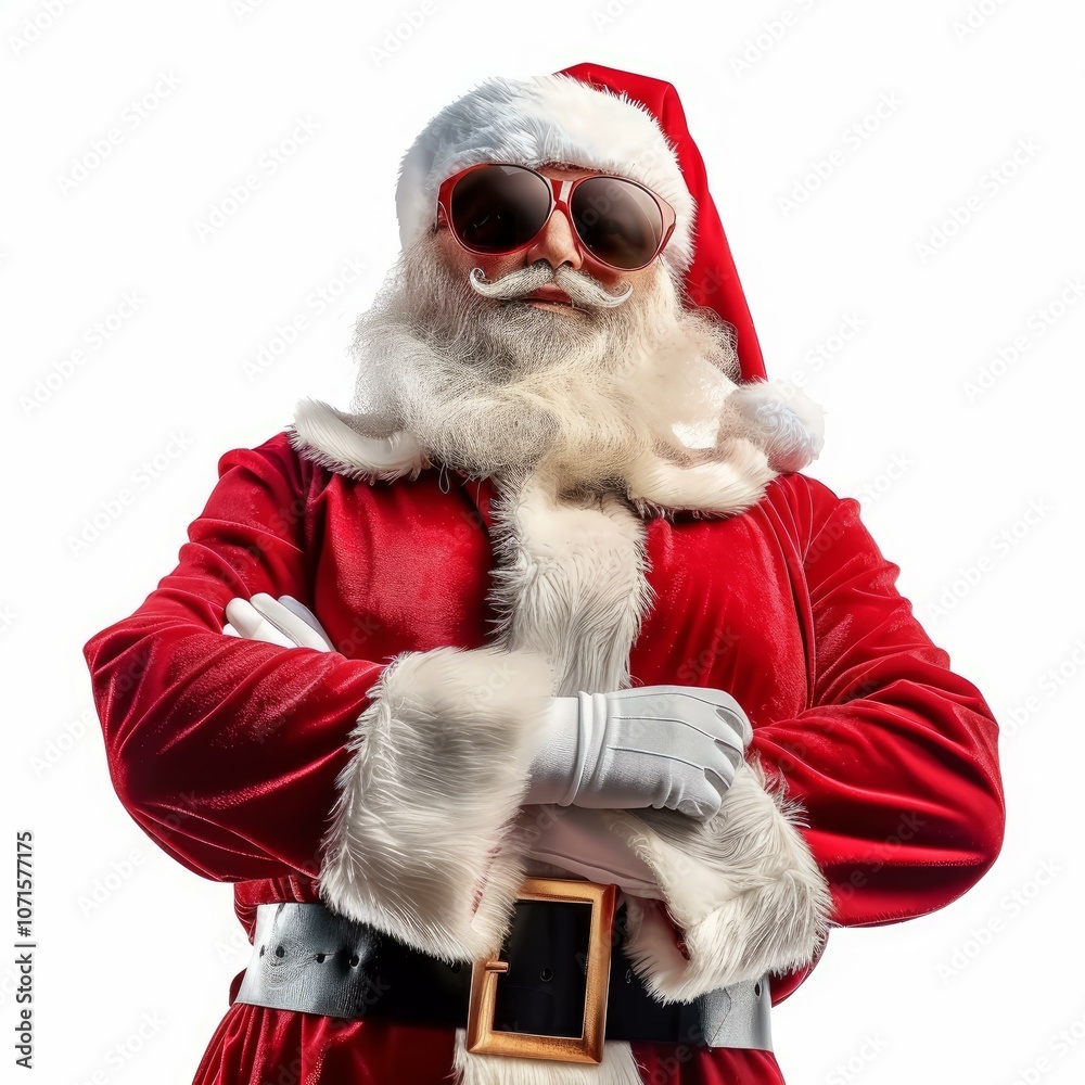 Obraz premium Santa claus wearing red sunglasses and a white beard is crossing his arms on white background