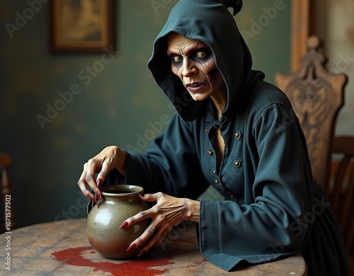 Witch making a potion. Myst...